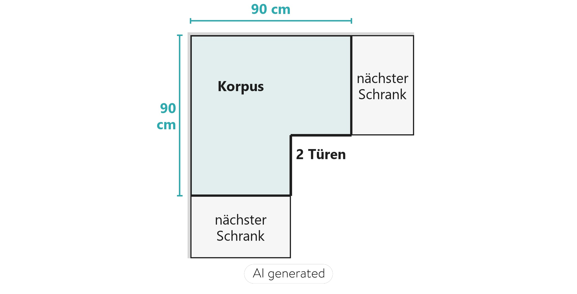Draufsicht Eckschrank mit zwei Türen, 90 × 90 cm, Nachbarschränke an beiden Wänden, Nobilia