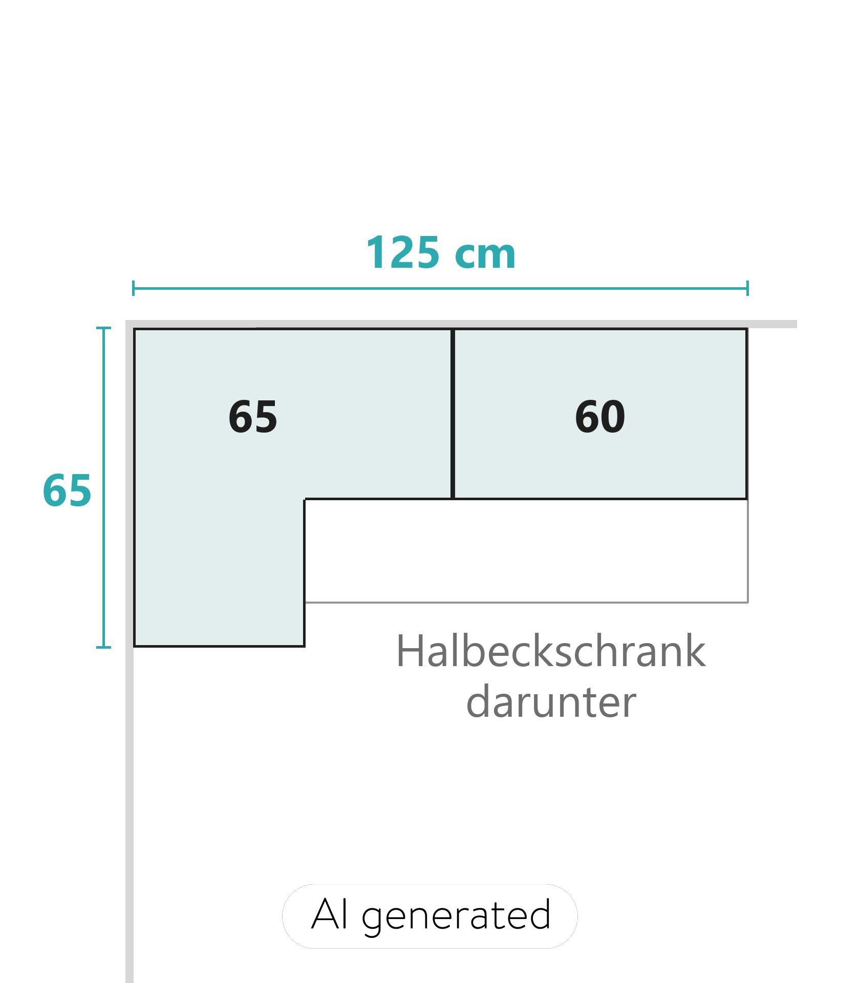 Draufsicht: Eck-Hängeschrank 65 × 65 cm und Hängeschrank 60 cm, zusammen 125 cm, über einem Halbeckschrank mit 125 cm, Nobilia