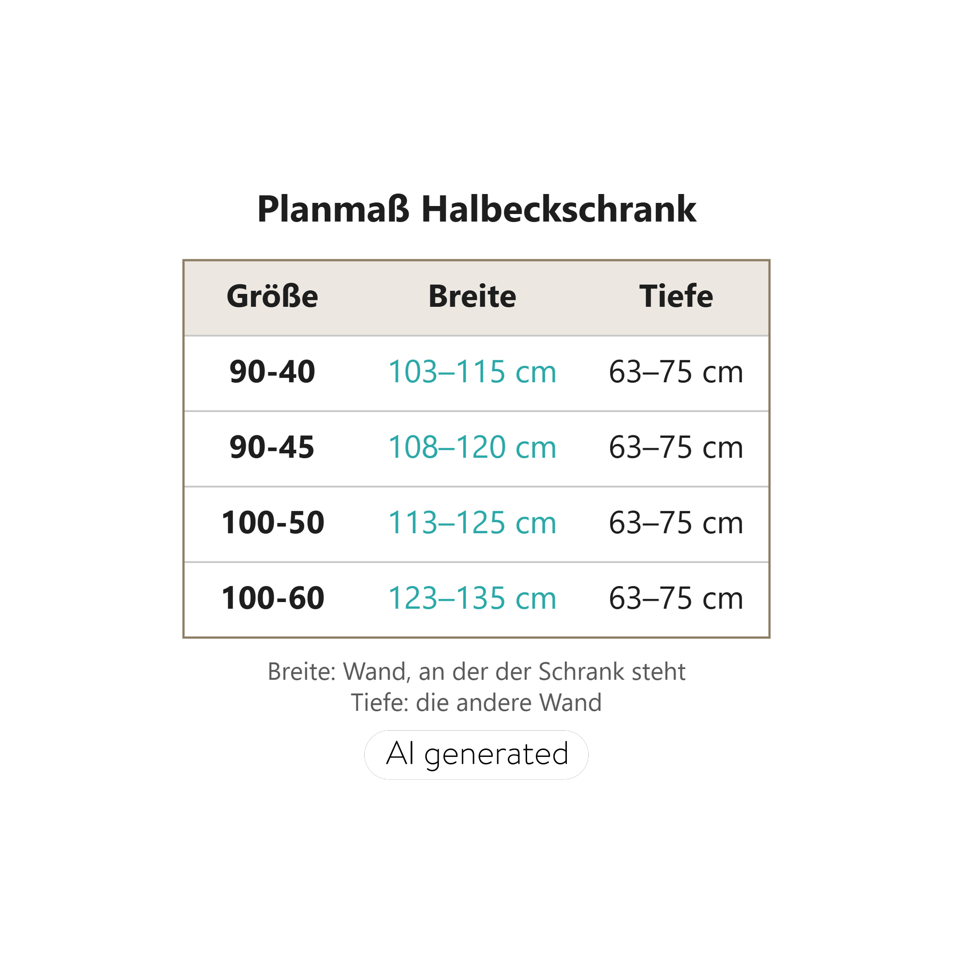 Tabelle der Halbeckschrank-Größen mit Breite und Tiefe je Größe, Nobilia