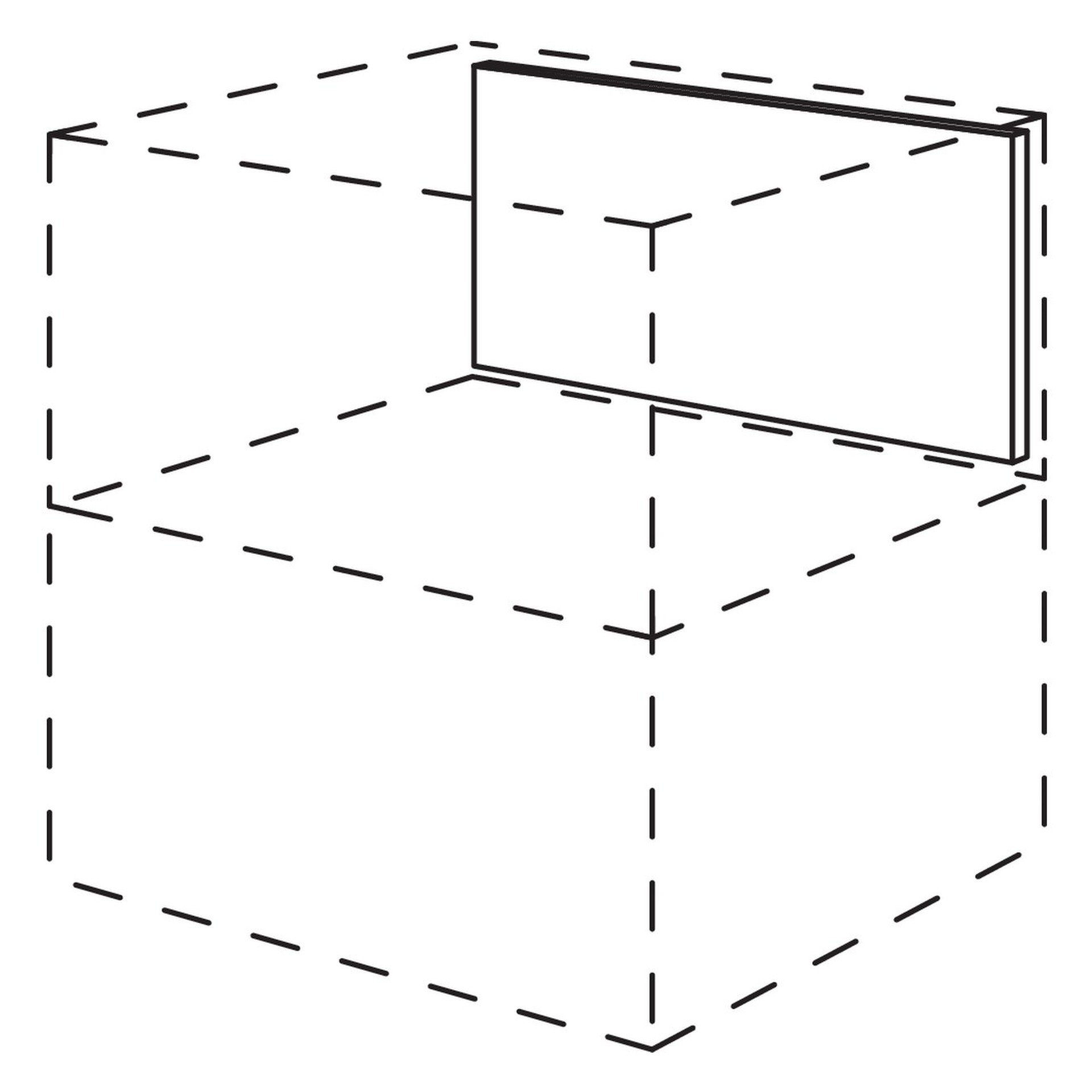 Strichzeichnung der Smartcube Rückwandverkleidung an der Rückseite eines gestrichelten Regals auf einem Unterschrank, Nobilia Line N NRKSC60