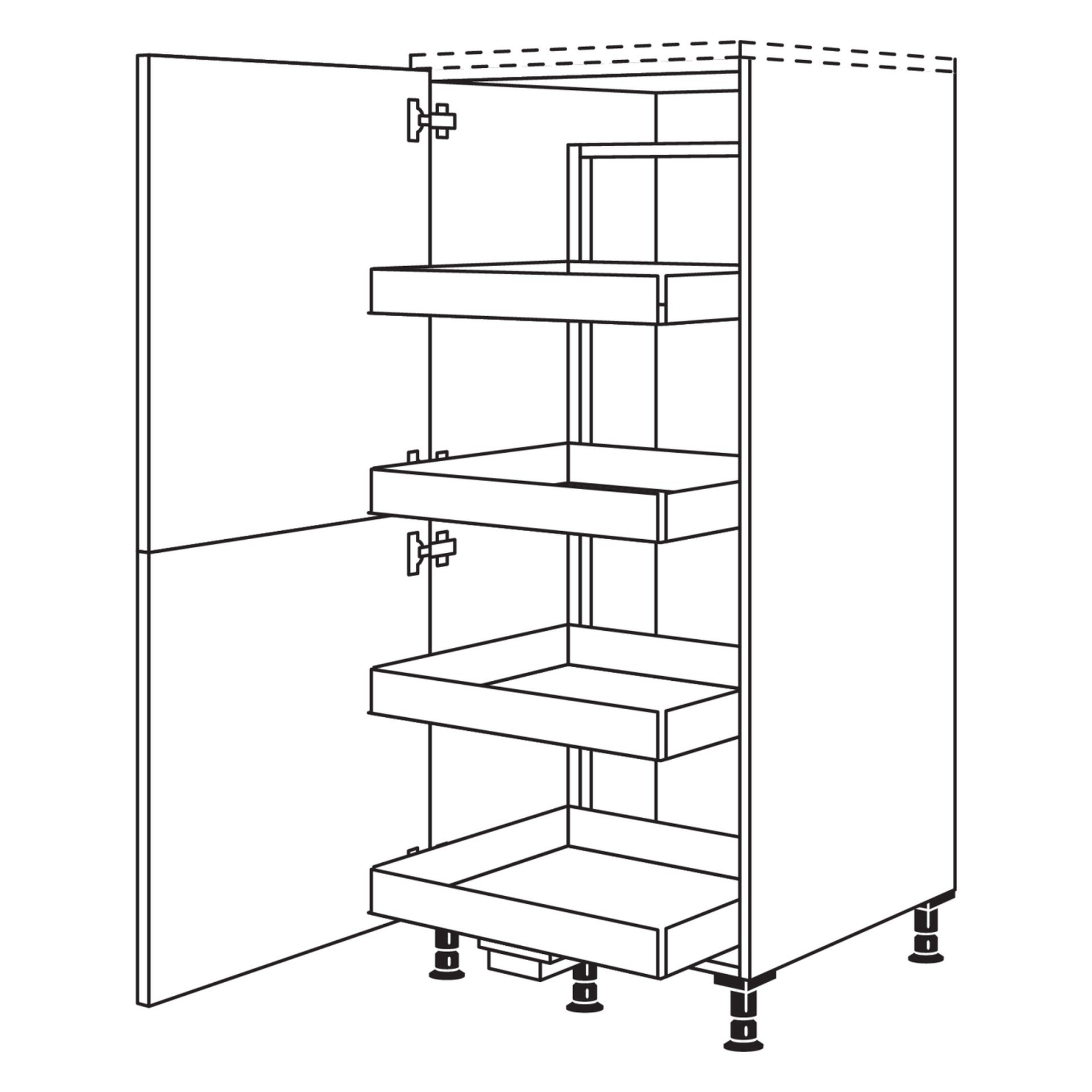 Skizze eines Nobilia Cargo-Highboards HDC mit vier Metallboxen am Auszugsgestell