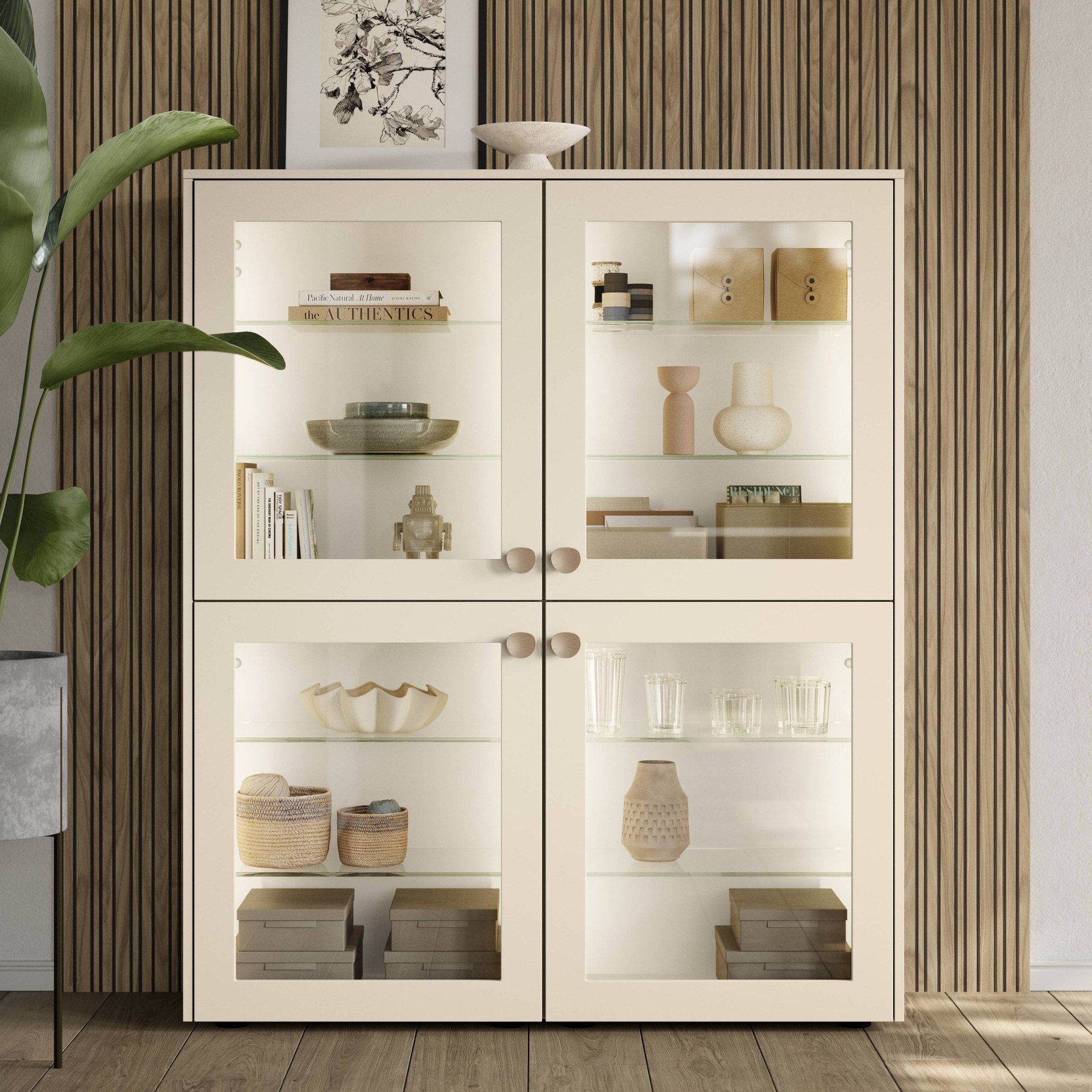 Nobilia Highboard als Vitrine mit vier Glastüren und Knopfgriffen im Wohnbereich