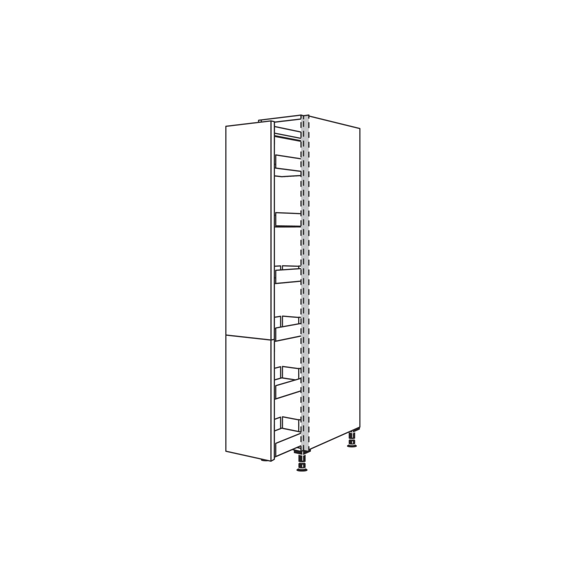 Strichzeichnung eines grifflosen Apothekerschranks mit ausgefahrenem Auszug, 30 cm breit, Nobilia Line N NHSA30-1