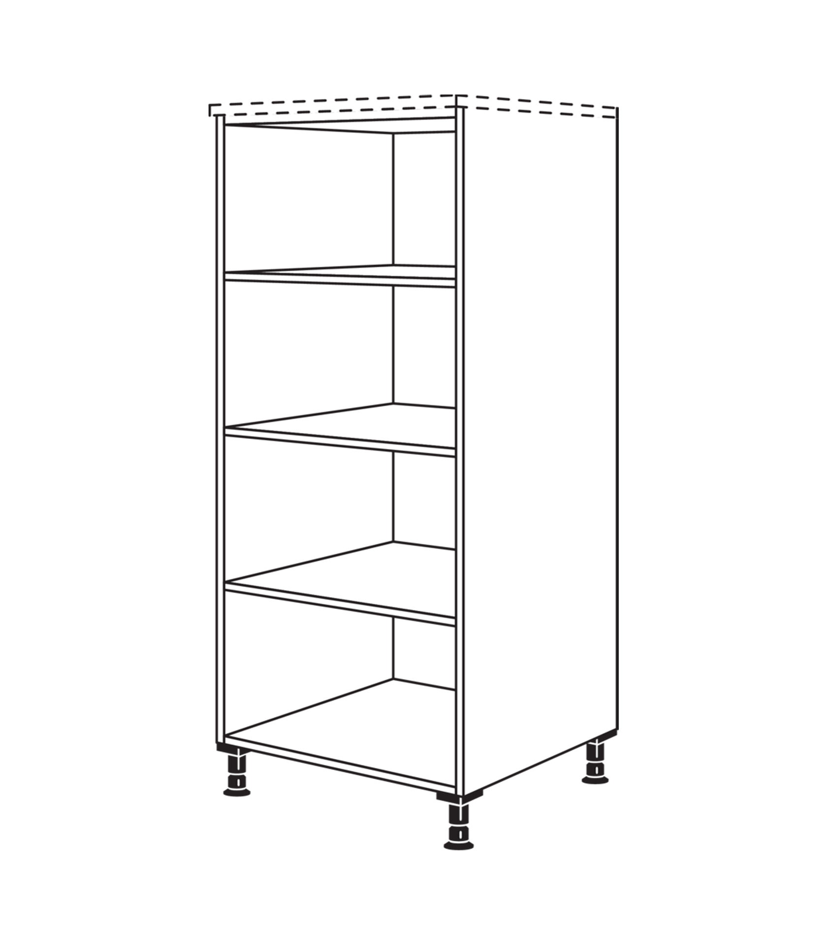 Strichzeichnung eines offenen Highboard-Regals mit vier Fachböden auf Stellfüßen